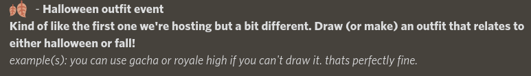 glitchiichii's tweet photo. calling all artists! im hosting halloween art events in my discord server! If you can't join thats okay! You can still @ me. you can choose one of the 3 or just do them all! Good luck! #halloween #discord #art #event  https://t.co/AzCzzlGDCQ https://t.co/hcTZIjuCdA