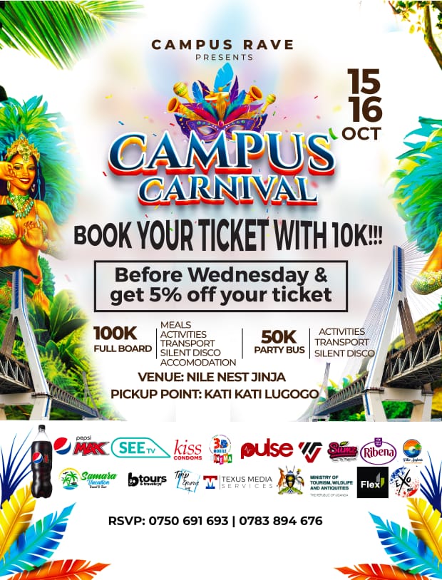 The Campus Rave presents The Campus Carnival dont miss theses OFFERS, dont LIVE any one  behind this weekend 15th to 16th October Nile nest jinja #CampusCarnival