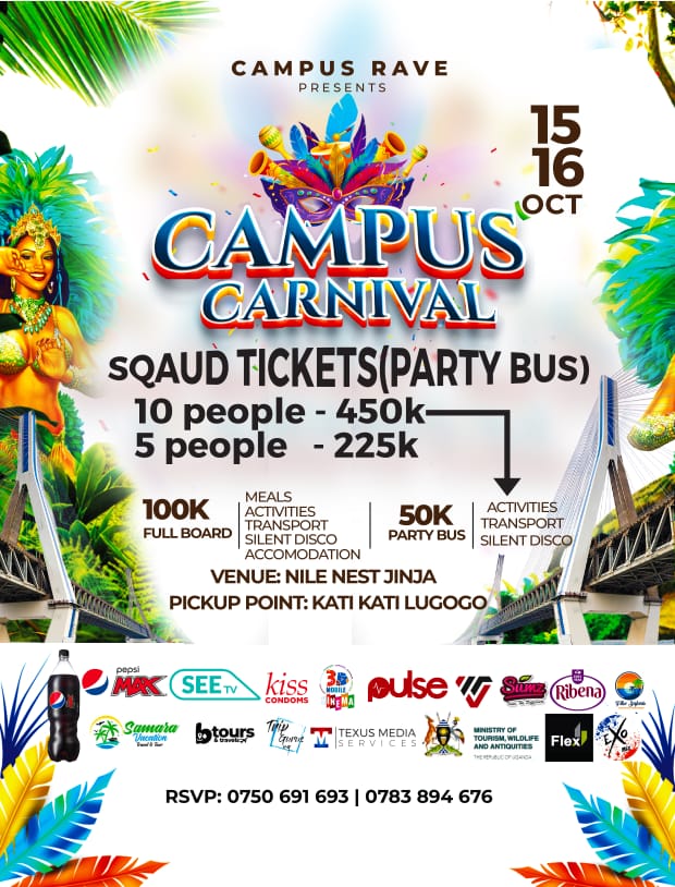 wildsafariug's tweet photo. The Campus Rave presents The Campus Carnival dont miss theses OFFERS, dont LIVE any one  behind this weekend 15th to 16th October Nile nest jinja #CampusCarnival https://t.co/wNd6OV9a1I
