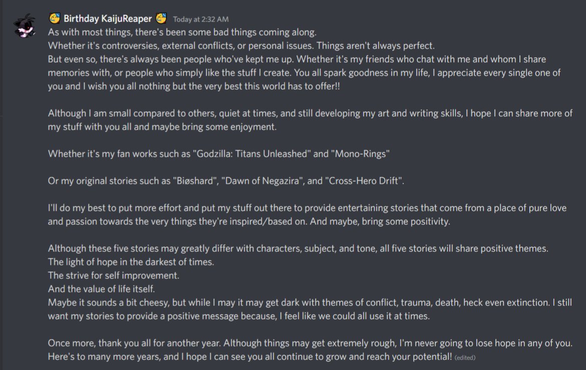 KaijuReaper's tweet photo. A special message for everyone, along with a first rough look at my persona's update.
#Birthday
#KaijuReaper #ShadowKaiju #Persona
#Biøshard #Bioshard
#GodzillaTitansUnleashed #Godzilla
#DawnofNegazira
#MonoRings #SonicEXE
#CrossHeroDrift
✨️ #Thankyou ✨️ https://t.co/eFjXXArIGg