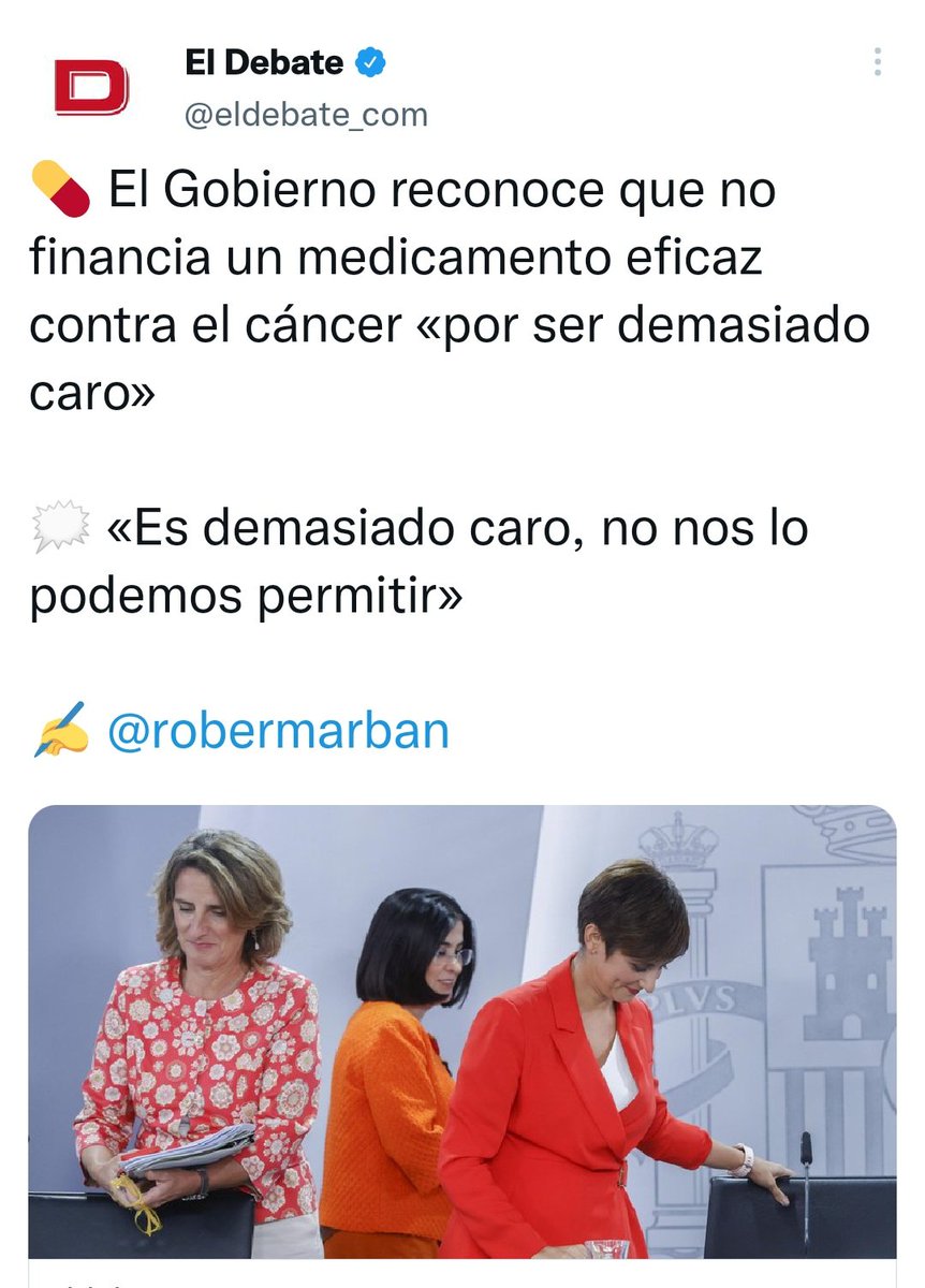 eltivipata's tweet photo. El Gobierno más caro de la historia, el de los 20.000 millones para igualdad y 150 millones para Bill Gates, dice que no hay dinero para un medicamento contra el cáncer... https://t.co/bZS1zC0f2k