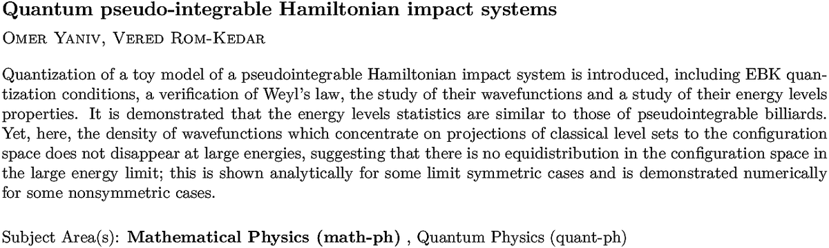 arXiv_math_ph's tweet photo. https://t.co/lSVyOrDexm
O Yaniv, V Rom-Kedar
Quantum pseudo-integrable Hamiltonian impact systems https://t.co/6cGKVcdLiL