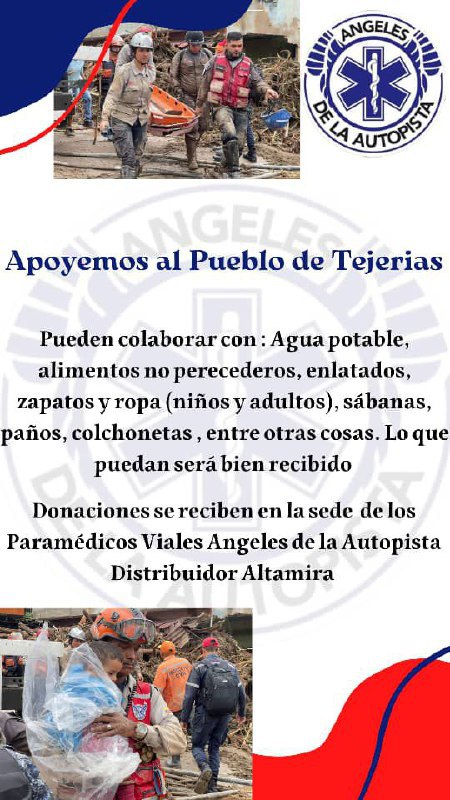 Tejerias no estas solo.

El pueblo de #Tejerias Aragua te necesita.

Cualquier donación que puedas realizar, se estarán recibiendo en la sede de los Paramédicos viales Ángeles, de la autopista Distribuidor Altamira, Caracas.
#VenezuelaConTejerías