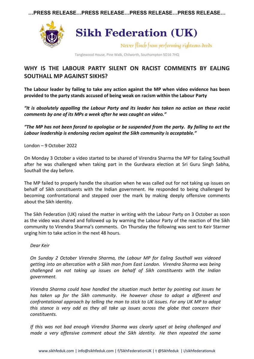SikhFedUK's tweet photo. WHY IS THE LABOUR PARTY SILENT ON RACIST COMMENTS BY EALING SOUTHALL MP AGAINST SIKHS?

The Labour leader @Keir_Starmer by failing to take any action against the MP when video evidence has been provided to the party stands accused of being weak on racism within the @UKLabour https://t.co/B4TsNP3zqD
