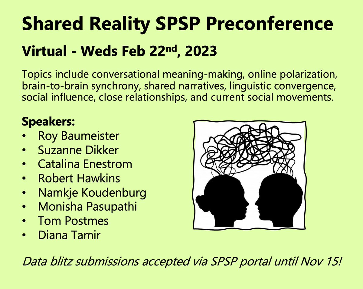 🚨Submit a blitz to the Shared Reality Preconference #SPSP2023!! Virtual (Feb 22) - Are you interested in questions like: How do people influence each other’s perceptions of reality? How do conversation partners establish shared meaning? How do people get on the same wavelength?