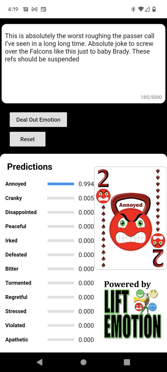 AFFECTxAI's tweet photo. @CFBBluePrint A natural language processing app predicts the expressed emotion in the tweet.

#NLP #NLProc #App #EmotionAI  #Deeplearning #Machinelearning #Sentiment  #Neuroscience #Data #Tech https://t.co/FSNCMmh6Sl