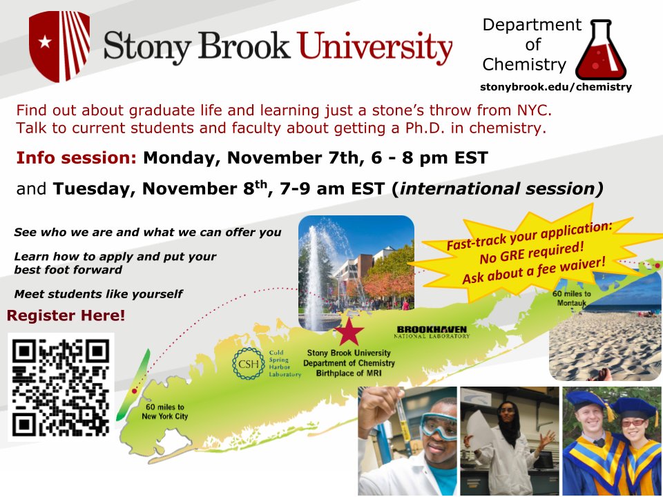JSeeliger Lab (@jcslab) on Twitter photo Interested in a chemistry PhD? Join Nov 7/8 for the <a href="/StonyBrookChem/">StonyBrookChem</a> Zoom info session! Learn about our supportive program and how to put your best foot forward in your application. I'll be there on Nov. 7!
Register via link embedded below. Interested in a chemistry PhD? Join Nov 7/8 for the <a href="/StonyBrookChem/">StonyBrookChem</a> Zoom info session! Learn about our supportive program and how to put your best foot forward in your application. I'll be there on Nov. 7!
Register via link embedded below.