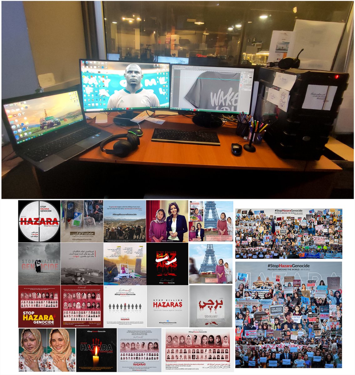 TripleM1902's tweet photo. نُه روز است از پشت این سه مانیتور تکان نخورده ام، حتی فوتبال نرفتم و ندیدم، چرا؟ چون دنبال یک هدف واحد دویده ایم؛
#StopHazaraGenocide
با قوت ادامه میدهیم. https://t.co/XRUICB630D