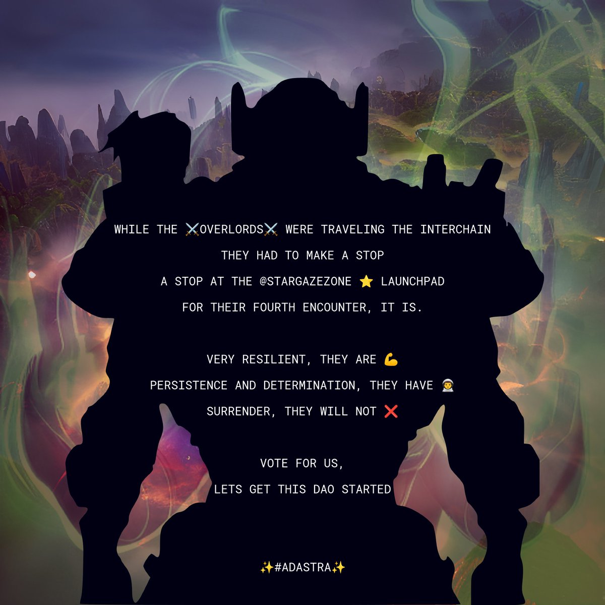 To spread awareness about our participation at the <a href="/StargazeZone/">Stargaze ✨🔭</a>, community vote we ask you to RT 🔁😉 and don't forget to cast your vote like so:

- 5k $Stars Staked🔒
- Go to their disc discord.gg/wq3FXDYfCr
- Channel 🔗join-starrybot
- Verify ✅
- Channel community-vote 
-🗳️