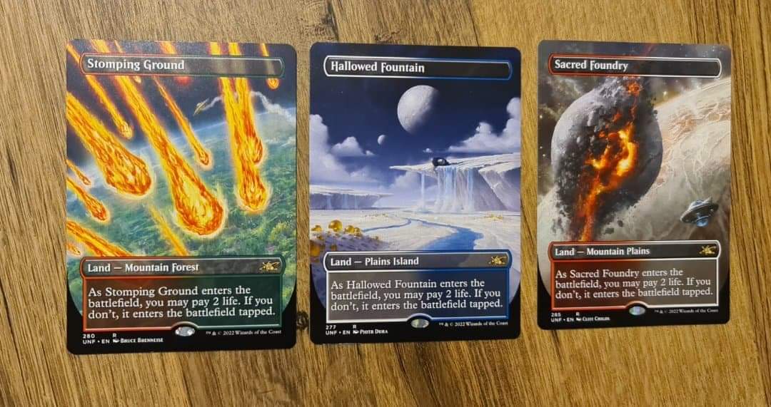 rollforfirst's tweet photo. Here's a good article on which Shock versions are available and where. I massively overcame the publicised 4.1% chance to open one, with a 23.08% hit rate.

Opened 3 in 13 packs!

https://t.co/eBhz0RtesZ

#MTG #MagicTheGathering #UNFINITY #FNM #luck #Fridaynightmagic #shocklands https://t.co/RsI90wkS7v
