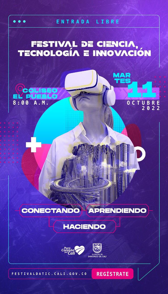 Agéndate y haz parte del VI Festival de Ciencia, Tecnología e Innovación.
 
🔴 Robótica 🤖
🟠 Game Jam 🎮
🟡 Experiencias interactivas 🦾
🟢 Expertos en tecnología📲
 
¡Te esperamos el 11 de octubre en el Coliseo El Pueblo!
 
Info ▶️ festivaldatic.cali.gov.co

#Calinteligente