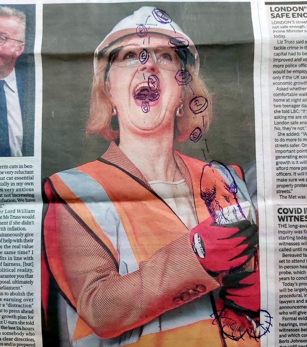 Lizzie Dripping.
Before we start taking ourselves too seriously, one of us produced this just to bring it back down to the gutter. 
Newspaper and ink
Insta: sonsofincoherence 

#liztruss
#antiart
#artbrut
#outsiderart
#postbullshitart