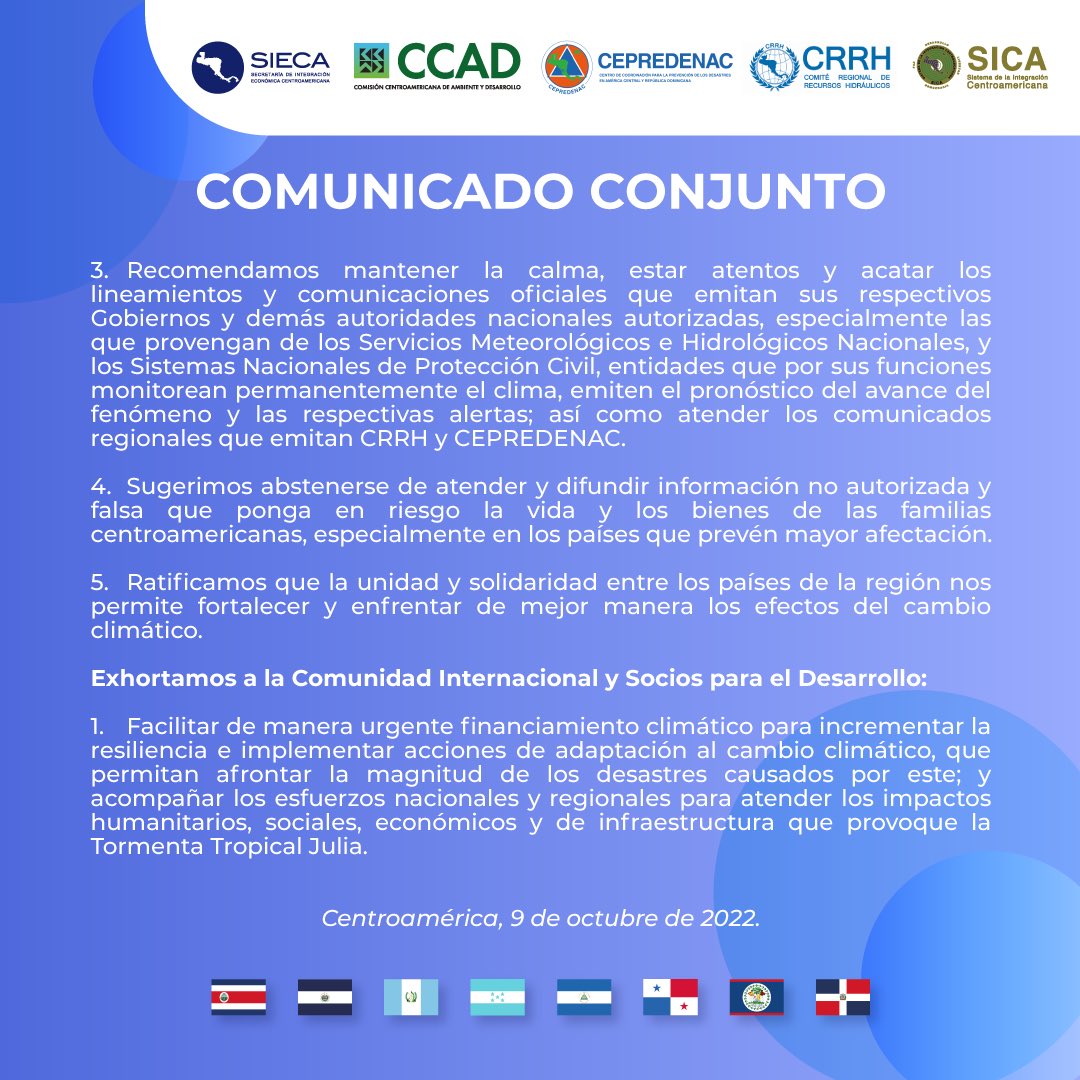sg_sica's tweet photo. 📢 COMUNICADO CONJUNTO: Centroamérica en alerta y acción ante el paso de la Tormenta Tropical Julia en la región 🌧🌀.
La SG-SICA comparte comunicado conjunto con @sg_sieca, @CCADSICA, @CEPREDENAC y @CRRH_SICA.
Mas información: 
🔗https://t.co/2F6nGYiMt8
🔗https://t.co/HDyIi0PZTY https://t.co/bHXDhvYoBc
