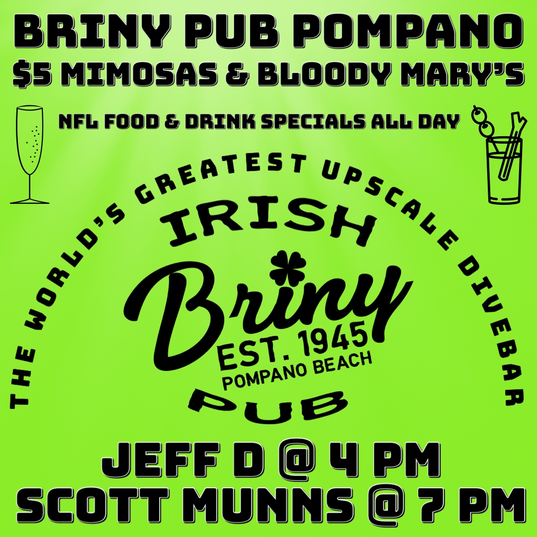 brinypubpompano's tweet photo. Our NFL Specials are back, all new food and drink specials for this season. Live music starts at 4PM, we have all the games on our HDTV's. Ice Cold Beer &amp; Fresh Food. #pompanobeach #beachbar #livemusic #brinyirishpub #localmusic #craftbeer #jeffd #scottmunns https://t.co/0eZ0A0Kz6m