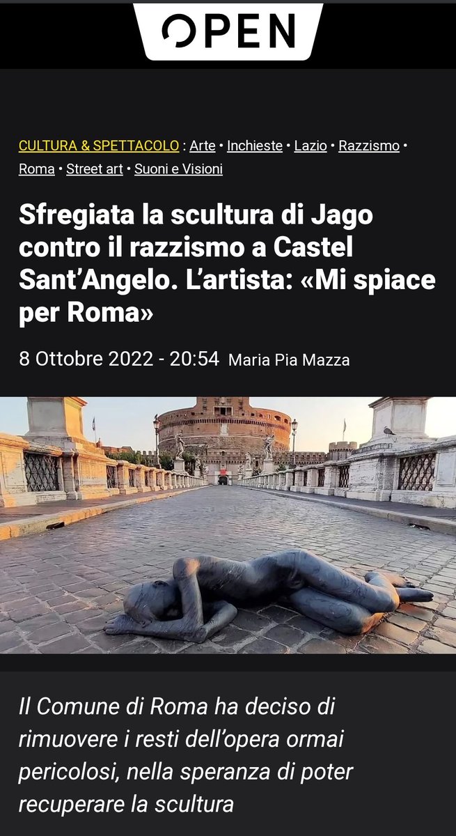 Teresposito2013's tweet photo. Un doppio sacrilegio: contro l'arte e la cultura ma anche contro il messaggio antirazzista dell'opera
Solidarietà all'amico e scultore #Jago , ma tanta pena per la stupidità dei  miseri di cuore e di spirito che hanno fatto questo deplorevole gesto.
https://t.co/K0DQiC5cwW https://t.co/8sNRwvQGOB