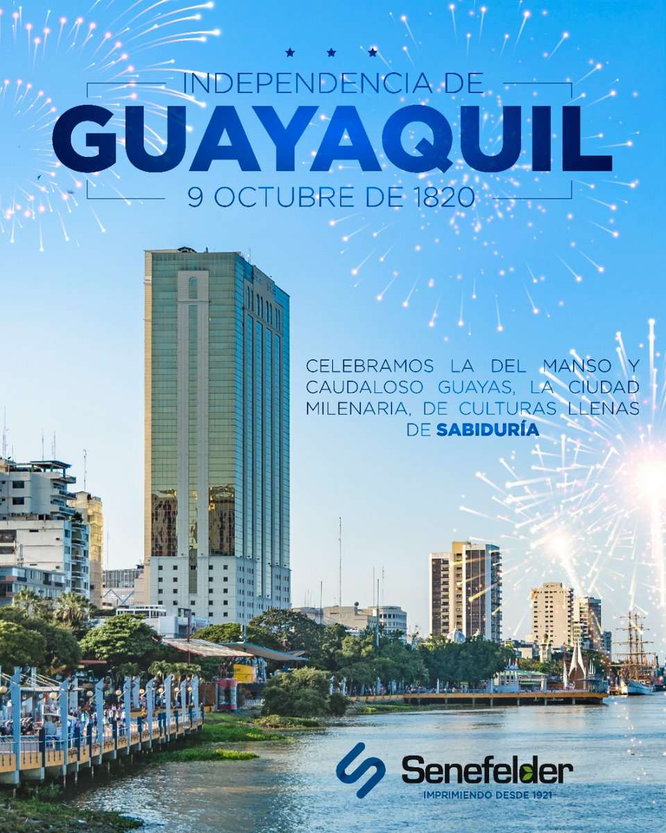 Homenajeamos a la Perla del Pacífico, ciudad de historia con gente trabajadora que lucha por el progreso en sus 202 años de independecia
¡Viva Guayaquil!
#SomosSenefelder #100añosSenefelder