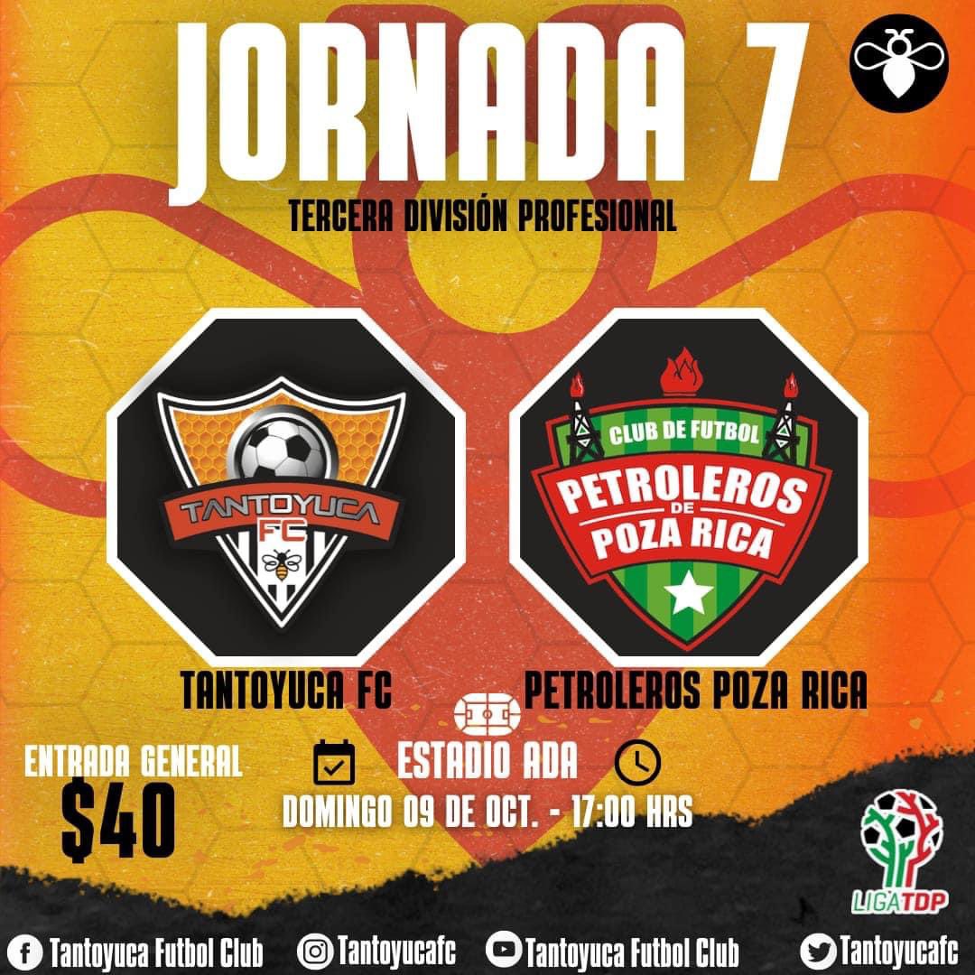 ¡TODOS AL  ADA! 👊 🏟 

Afición, necesitamos de todos ustedes, necesitamos de su gran apoyo, el día de hoy  recibimos en el ADA a los Petroleros de Poza Rica
 
Tantoyuca Futbol Club 🆚 Club de Futbol Petroleros Poza Rica A.C.

📋Jornada 7 
⏰ 5:00 pm 
🏟 Ada 
#JuntosGanamos 🐝⚽️