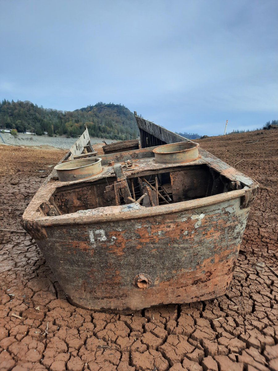 ShastaTrinityNF's tweet photo. This boat appeared in low water of Shasta Lake. It is marked '31-17' confirming it as a boat assigned to the Attack Transport USS Monrovia. This ship was Patton's HQ during the invasion of Sicily. The circumstance of its sinking remains a mystery. https://t.co/y7foKWbExt