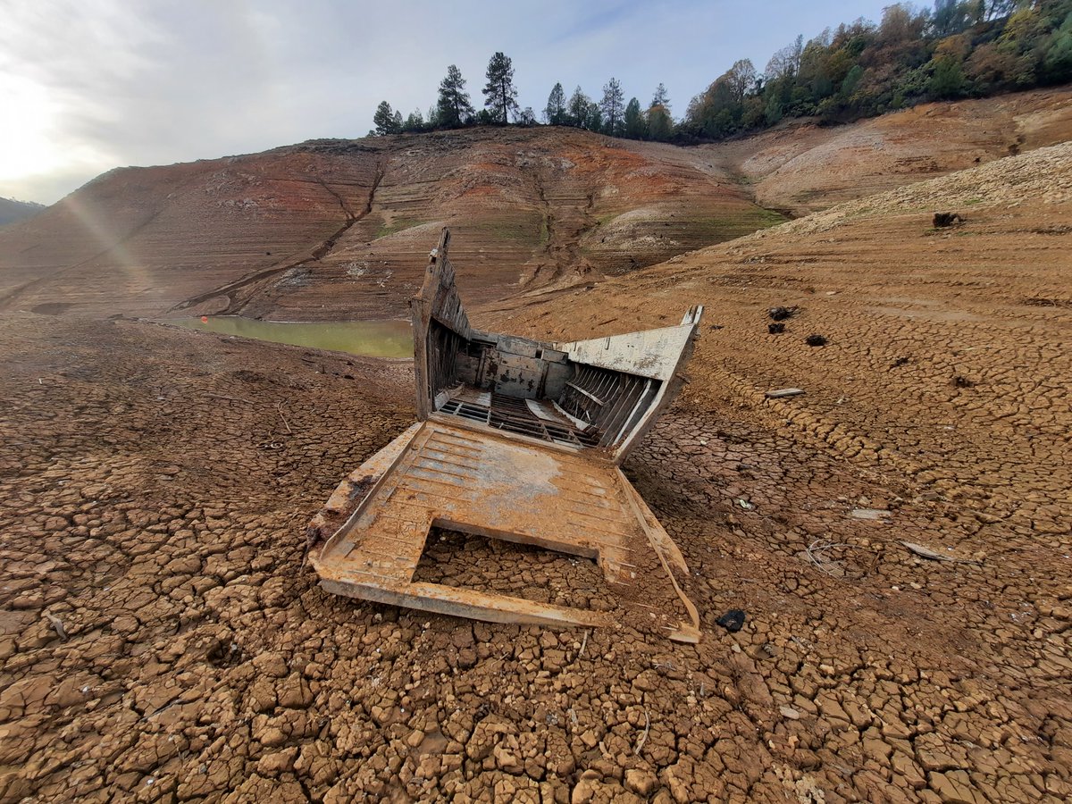 ShastaTrinityNF's tweet photo. This boat appeared in low water of Shasta Lake. It is marked '31-17' confirming it as a boat assigned to the Attack Transport USS Monrovia. This ship was Patton's HQ during the invasion of Sicily. The circumstance of its sinking remains a mystery. https://t.co/y7foKWbExt