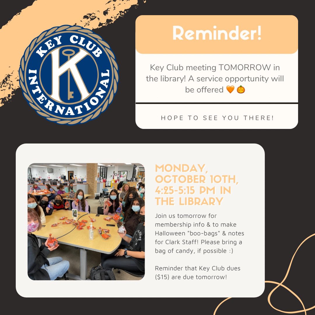 Hey Key Clubbers! We will be having a meeting TOMORROW (October 10th) from 4:25-5:15pm in the library. Please join us as we make Halloween "boo-bags" for Clark Staff. Please bring a bag of candy if possible!

#KeyClub #ClarkTexas #NISDLegends #ClarkCougars <a href="/ClarkTxLib/">Clark HS Library</a> <a href="/NISDClark/">Tom C. Clark HS</a>