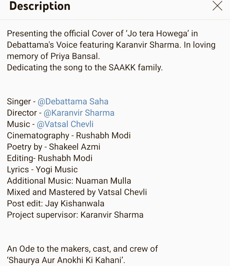 ApurbaS_'s tweet photo. The description caught my eyes an year ago and today too it's the same.
JTH MV was dedicated:
In loving memory of Priya Bansal
To the SAAKK family
An Ode to the makers,cast and crew of ShauryaAurAnokhiKiKahani
❤️
@karanvirsharma9
@Debattama_sah
@iamvatsalchevli
@iamrushabhmodi https://t.co/8DCPkC3RLM