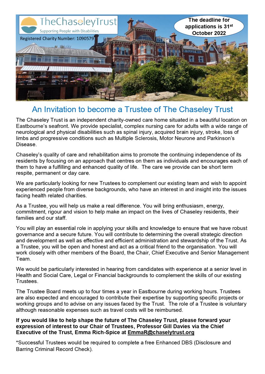 ChaseleyTrust's tweet photo. 🌟Could you help to shape the future of The Chaseley Trust? 🌟

If you feel you could help to make a real difference to the lives of our residents, please do get in touch. 

#TeamChaseley #NeuroRehab #Trustees #TrusteeRecruitment #Volunteering  #TrusteeVacancy #Eastbourne https://t.co/OOLku5YXar