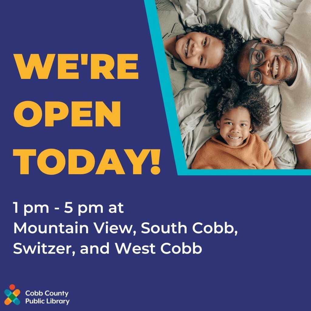 cobblibrary's tweet photo. Sunday hours are back! We're open 1 pm - 5 pm today at #MountainViewLibrary, #SouthCobbLibrary, #SwitzerLibrary, and #WestCobbLibrary. See you soon!
.
#SundayHours #SundayFunDay #CobbLibrary @cobbcountygovt @cobbschools @mariettacityschools https://t.co/Q4WEmRgzcP https://t.co/9kM48bGzpK