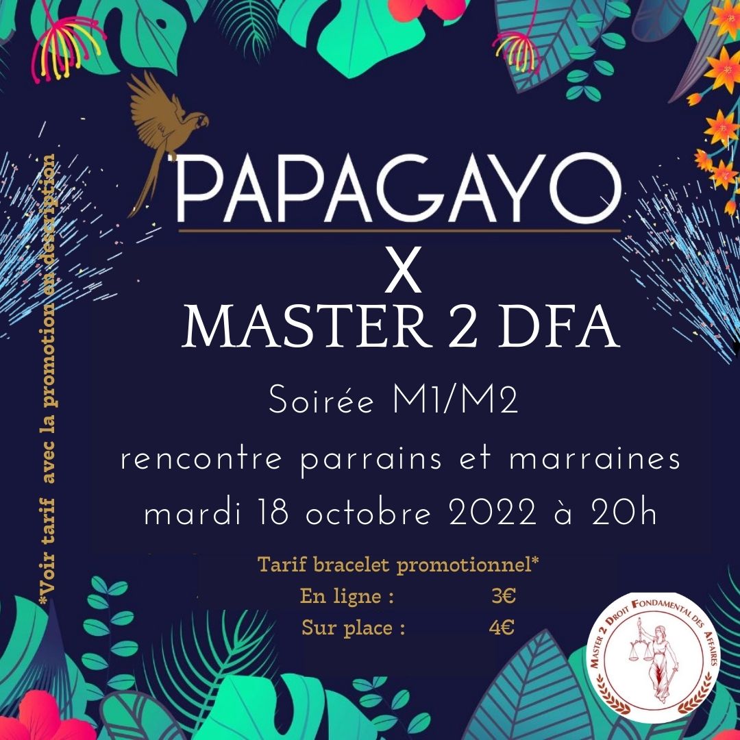 M2DFA_TLSE's tweet image. Bonjour à tous !
Le Master DFA vous invite à son premier événement de l&apos;année qui se déroulera au bar PAPAGAYO situé 46 place Anatole France à partir de 20h.

Lien pour acheter le bracelet (oubliez pas de renseigner votre Nom et prénom) : lydia-app.com/collect/11618-…