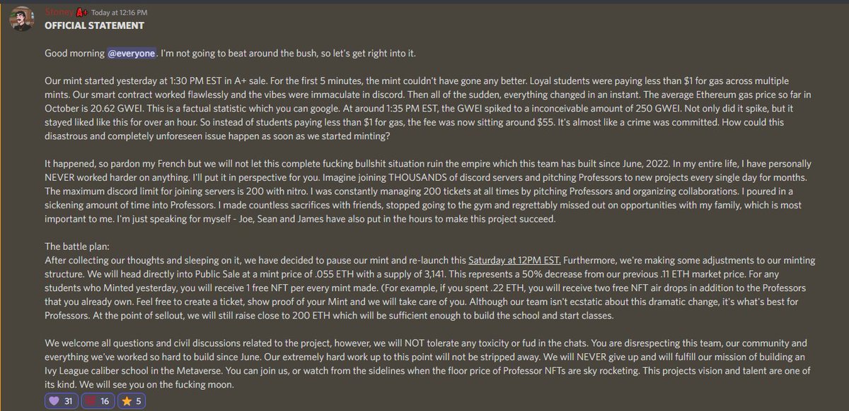 ProfessorsNFTs's tweet image. Official Statement - discord.gg/professors

We'll see you this Saturday at 12PM EST.