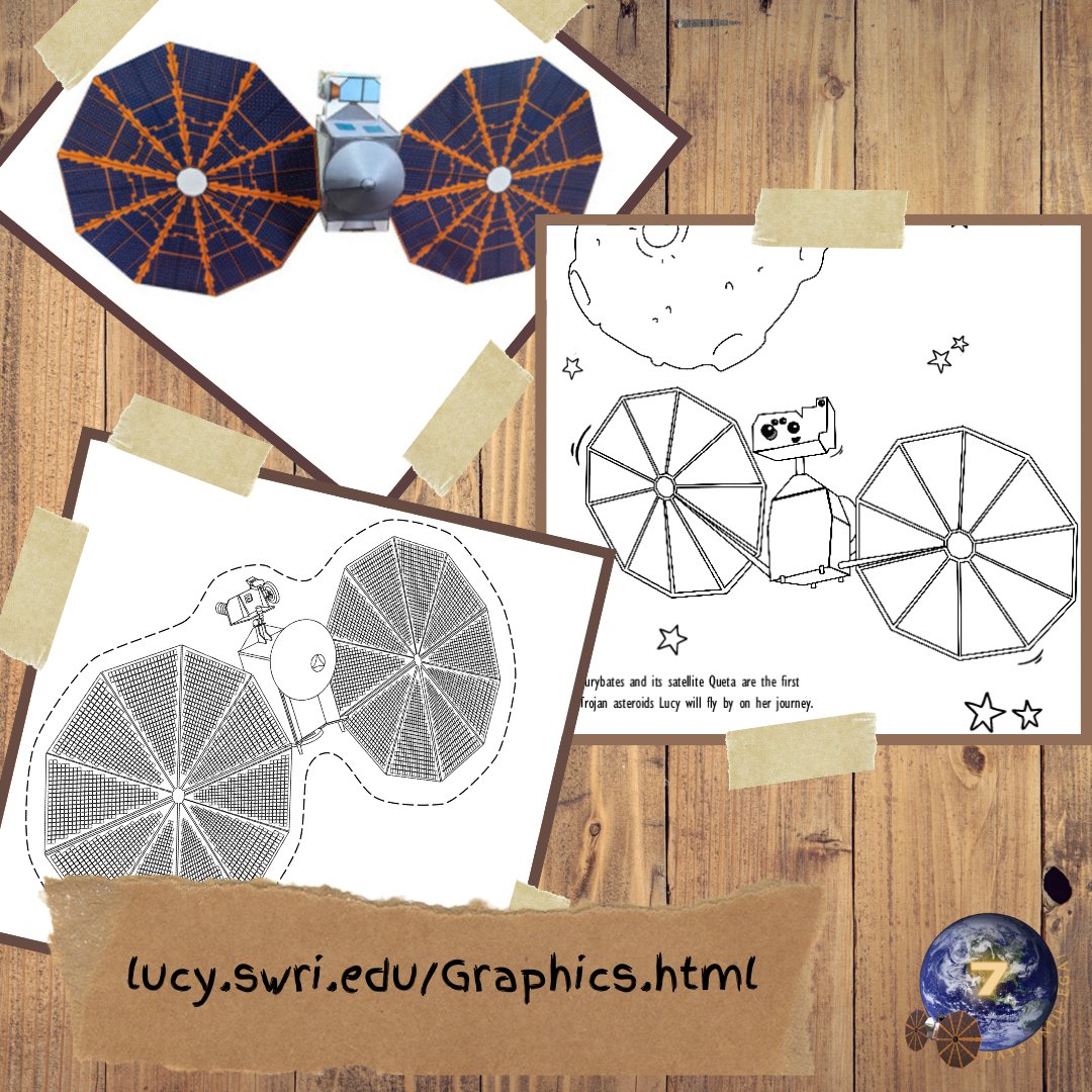 LucyMission's tweet photo. Just one week until Lucy flies by Earth! Get excited by making your own paper Lucy model, or maybe grab some pages from the Lucy coloring book!
All available at https://t.co/umRrkpLL1H https://t.co/AH2z0mXH9T