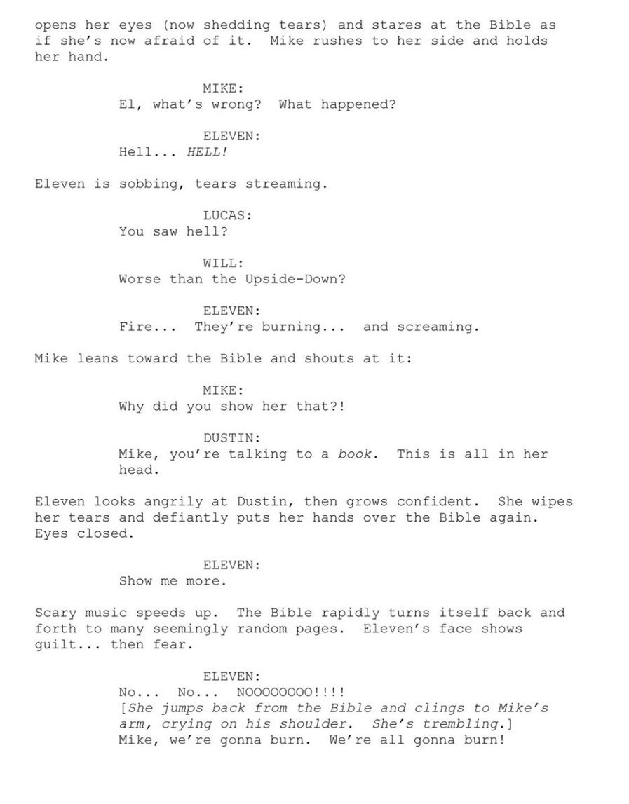 funnyfandomtwt's tweet photo. Fan discovers a script where El finds the Bible and is shown visions of the Christian Hell. https://t.co/i9O5OyYnQD