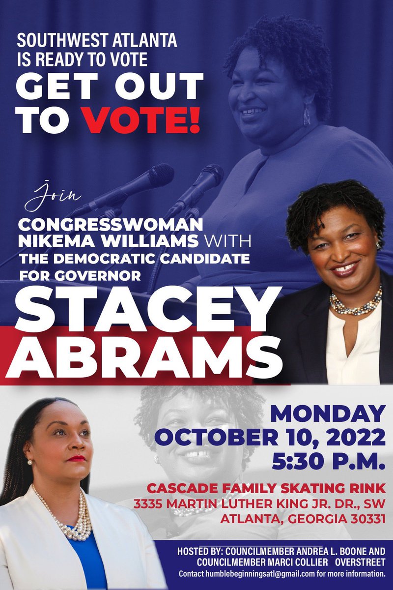 MarciOverstreet's tweet photo. JOIN US!! @staceyabrams - GA Gubernatorial  Candidate &amp; @nikemawilliams - GA District 5 US Congressional Candidate for a huge GOTV 
Rally ❤️🤍💙Hosted by  Councilmembers  @andreaboonenow  &amp; @marcioverstreet  Marci Collier Overstreet @ Cascade Skating Rink MONDAY (tomorrow) 5:30pm https://t.co/rLidh9TU3s