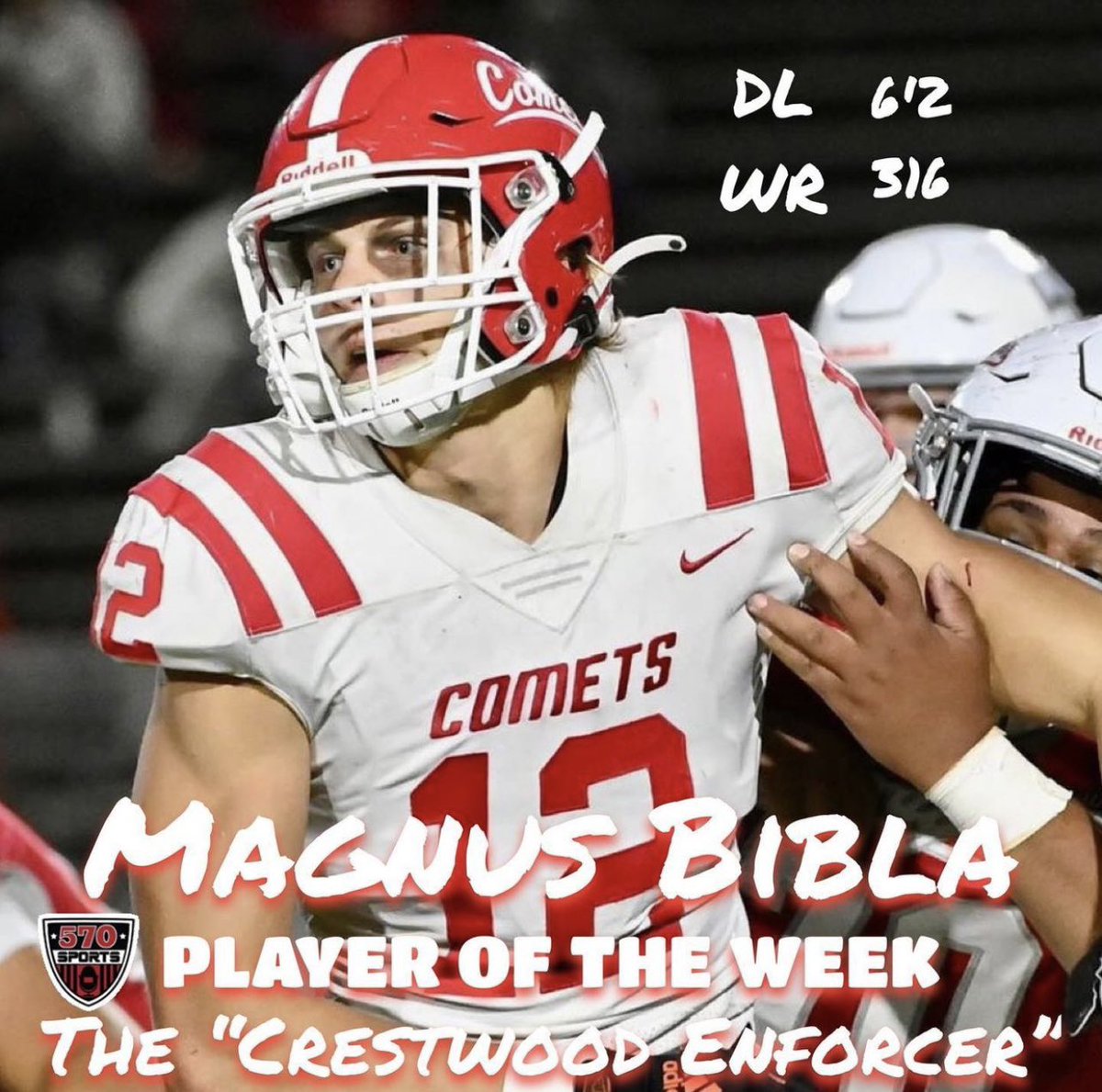 Congrats to @BiblaMagnus on being named @570sportsshow Player of the Week after his 6 sacks & a blocked punt this past week against Hazleton Area! Great job Magnus, keep it up! Go CCCOMETS! 🏈 @ArcangeliCoach @PaFootballNews @EPAFootball @NEPAFootball @johnmendolashow @piaad2