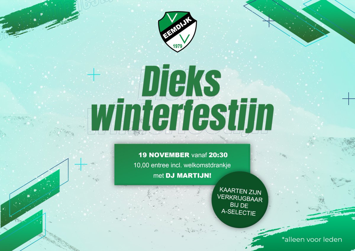 DIEKS WINTERFESTIJN 🧊🍺🥳 | Op zaterdag 19 november, na de thuiswedstrijd tegen Flevo Boys, organiseert de A-selectie het Diekse Winterfestijn!💚

Let op; alleen voor leden en sponsoren van v.v. Eemdijk!😉

Alle info lees je hier👇🏻
vveemdijk.nl/a-selectie-org…