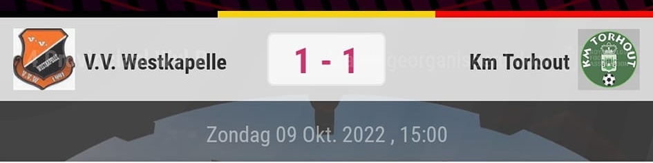 De B-ploeg deed wat de A-ploeg niet lukte, scoren in de laaste seconden van de wedstrijd.
5' 1-0
90' 1-1 G.Bataillie
Stress op het laatste maar toch puntje mee naar Torhout.