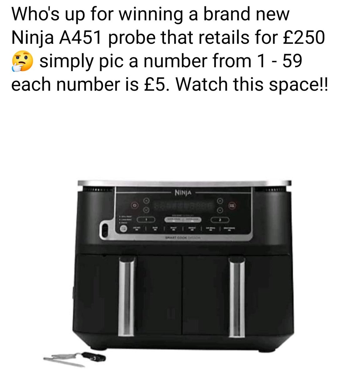 Just for fun pick a number 1 - 59 if it comes up on the lottery bonus ball then you win the brand new Ninja air fryer A451 worth £250. It's in short demand. It's £5 ago as many numbers as you want.  Join the group to take part &amp; good luck
facebook.com/groups/6352577…