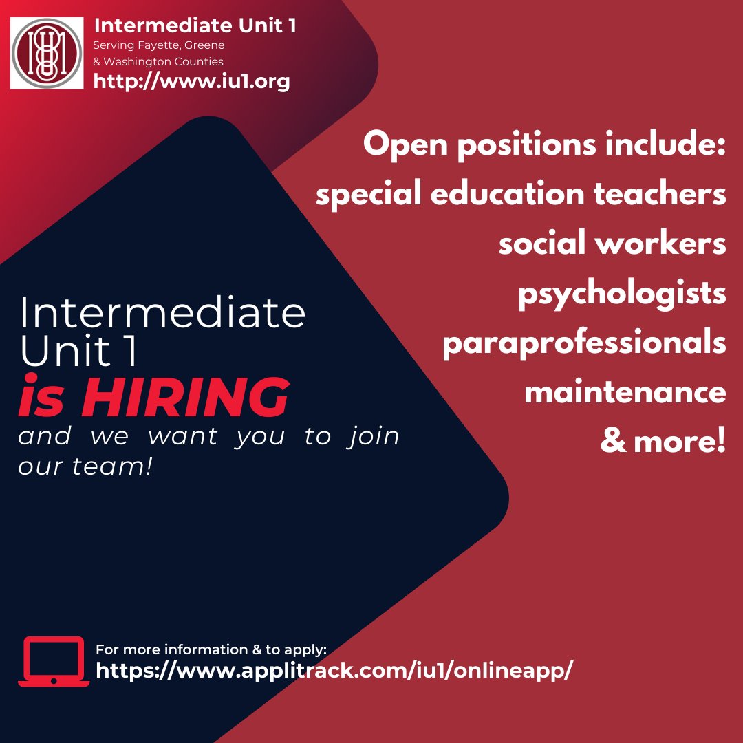IU1Tweets's tweet photo. #IntermediateUnit1 is hiring!
For all available positions & to apply, click here! https://t.co/DkXnUug6vz
#JobSearch #JobHunt #JobOpening #Hiring #NowHiring #Resume #Job #Jobs #Careers #Employment https://t.co/1vRwKtBkzo