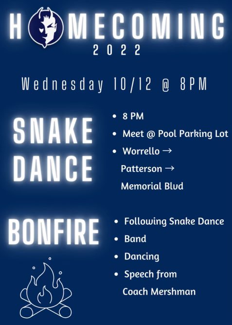 Snake dance &amp; bonfire following the powderpuff game on Wednesday! Festivities happening at Wentling field &amp; south parking lot.