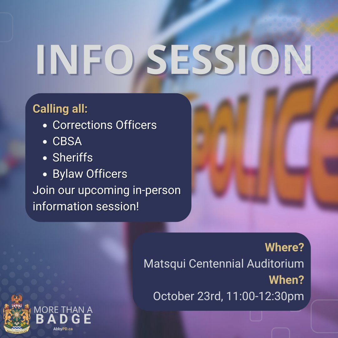 AbbyPoliceDept's tweet photo. IN TWO WEEKS! You do not want to miss our IN-PERSON Information Session! 11:00-12:30pm on Sunday, October 23rd. We look forward to seeing you. Bring your best! 

#StrengthlnCommunity #MoreThanABadge #JoinAbbyPD

For more info: https://t.co/ycYvUS82YC https://t.co/7pUCxxapK5
