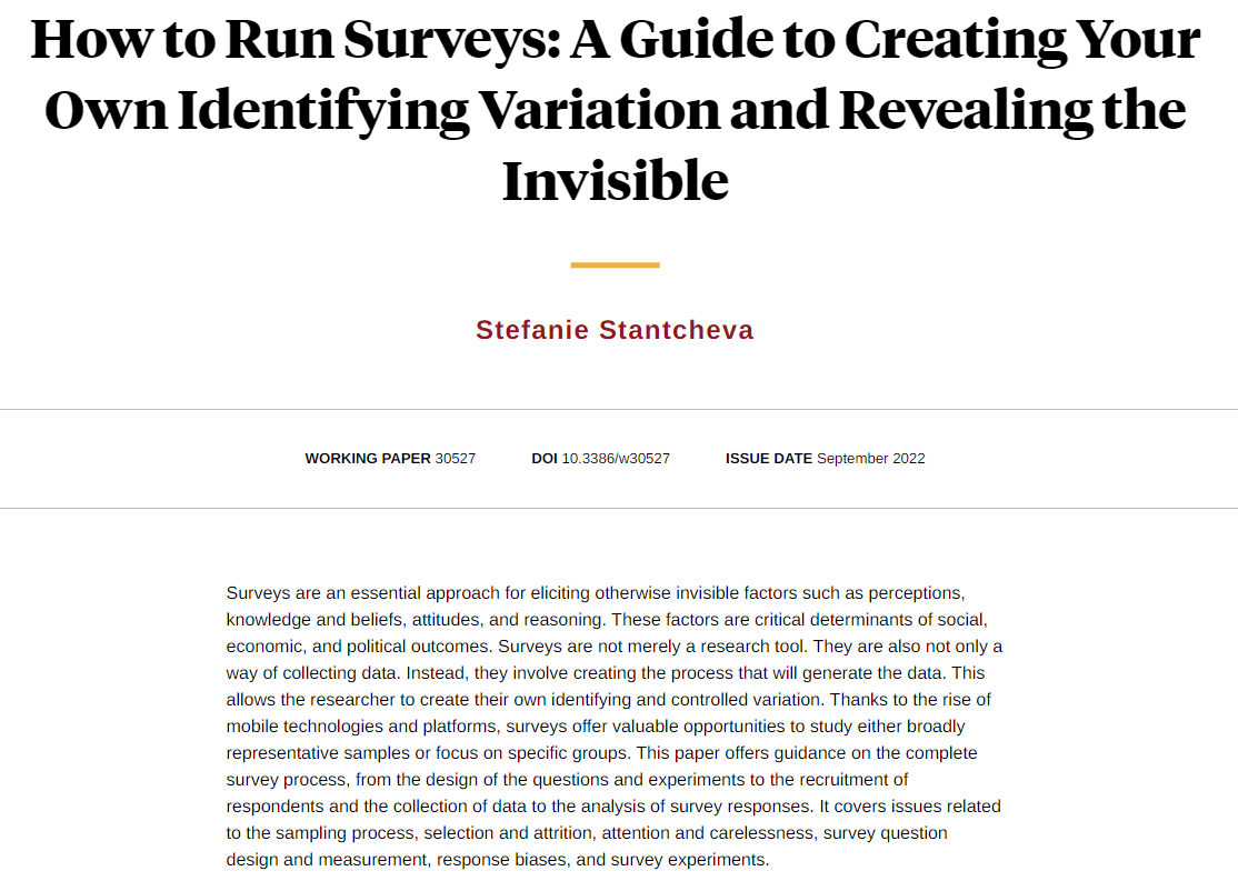 NBER (@nberpubs) on Twitter photo Surveys are an essential approach for eliciting otherwise invisible factors such as perceptions, knowledge and beliefs, attitudes, and reasoning: a guide on how to run surveys, from <a href="/S_Stantcheva/">Stefanie Stantcheva</a> nber.org/papers/w30527 Surveys are an essential approach for eliciting otherwise invisible factors such as perceptions, knowledge and beliefs, attitudes, and reasoning: a guide on how to run surveys, from <a href="/S_Stantcheva/">Stefanie Stantcheva</a> nber.org/papers/w30527