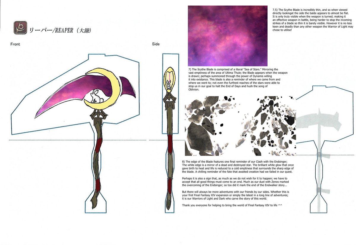 RubiiaRubi's tweet photo. So I didn’t win sadly but here are the designs I made and entered for the Weapon Design contest in FF14. Even though my designs aren’t the cleanest designs I still like them ^^ #FFXIV #Reaper #WeaponDesignContest https://t.co/Q7BcPclCbI