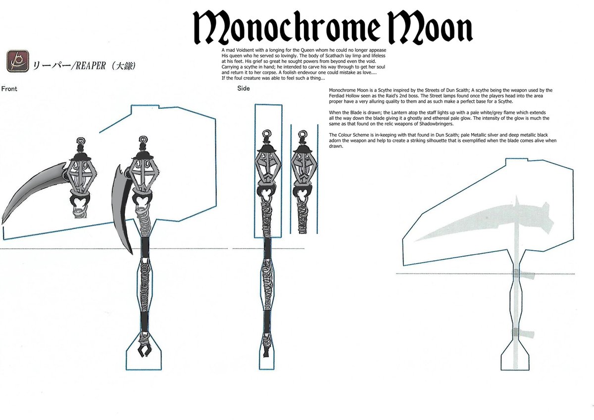 RubiiaRubi's tweet photo. So I didn’t win sadly but here are the designs I made and entered for the Weapon Design contest in FF14. Even though my designs aren’t the cleanest designs I still like them ^^ #FFXIV #Reaper #WeaponDesignContest https://t.co/Q7BcPclCbI