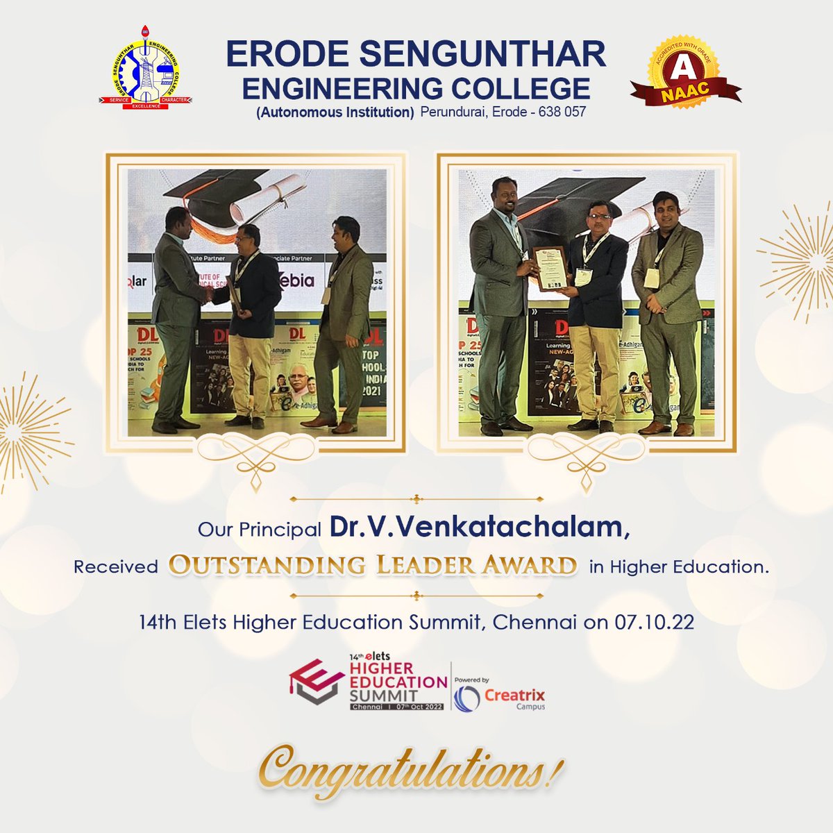 esec_india's tweet photo. Adding another #golden feather to our ESEC glorious cap.
Our #Principal Dr. V Venkatachalam, felicitated at the most exciting and captivating higher education summit of the year on 07.10.22
Read more :  https://t.co/pCk3WAuObT

 #HEChennai #ErodeSengunthar #EngineeringInstitution https://t.co/EzdqUxC0j0