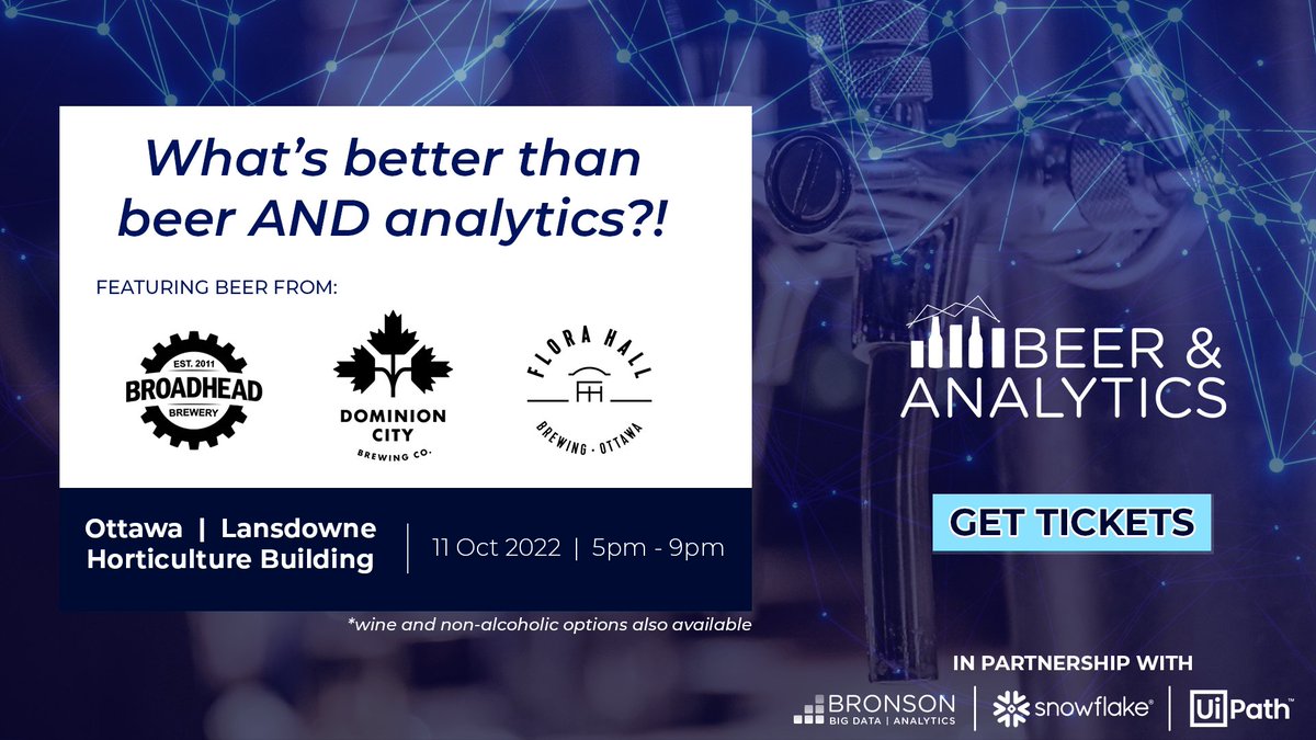 BronsonGroup's tweet photo. Two more days until Beer & Analytics! Come talk data and enjoy craft beer from @BroadheadBeer, @dominioncitybc, & @florahallbeer.
Get tickets: https://t.co/uDhwwyCYJ3
Visit the B&A website for more info: https://t.co/xVeDC9IXTL
#beerandanalytics #gcdigital #snowflake #uipath https://t.co/dxBos62xLZ