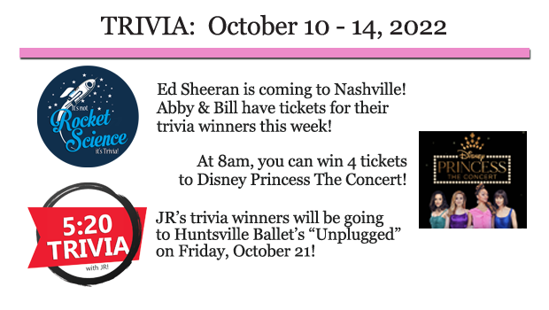 Mix969HSV's tweet photo. Ed Sheeran, Disney Princess Concert AND Unplugged? That's what's coming this week on trivia! #itsnotrocketsciencetrivia #520Trivia https://t.co/UCmGvPhVtg