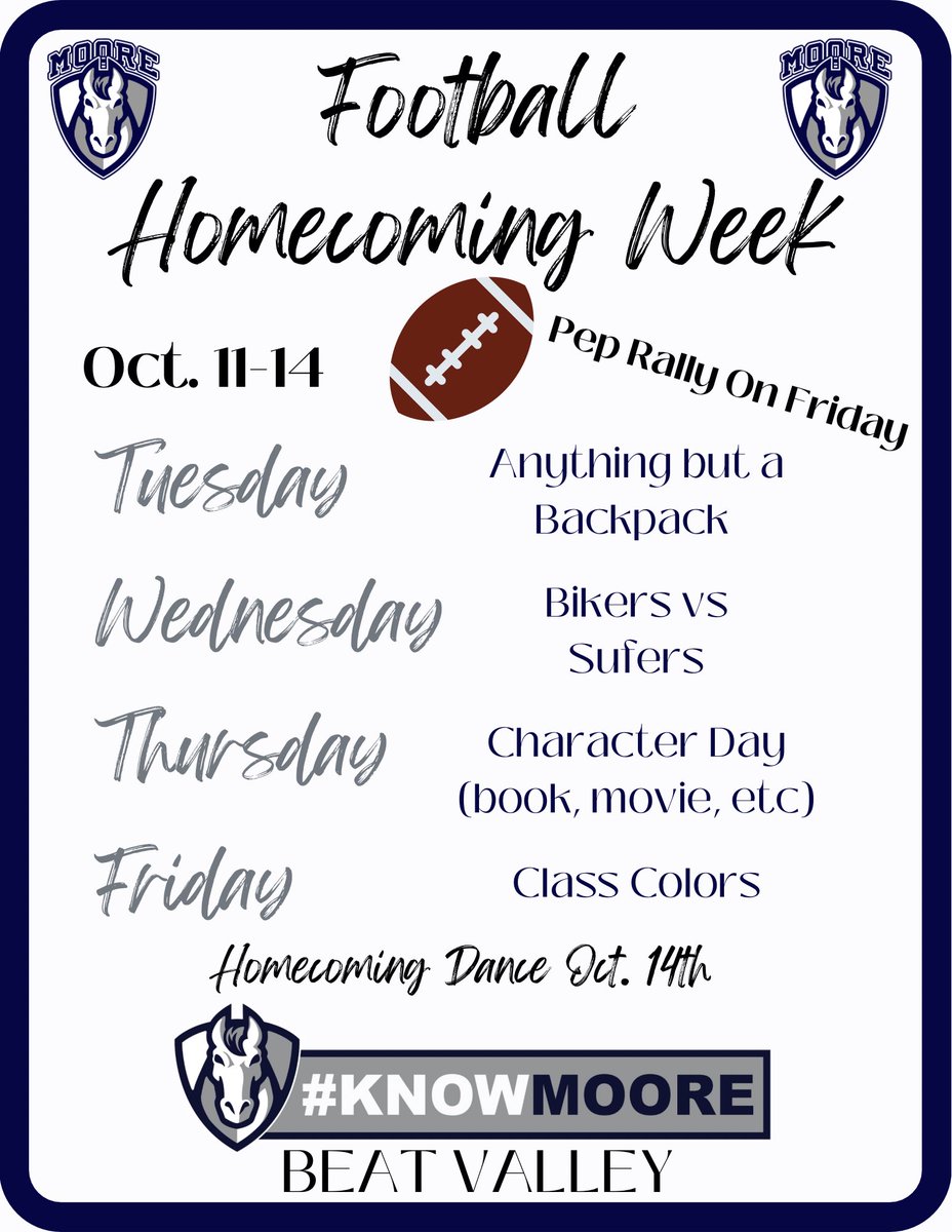It’s homecoming week <a href="/mooremustangs/">THE Marion C. Moore</a>! See below for MS and HS spirit days! #KNOWMOORE
