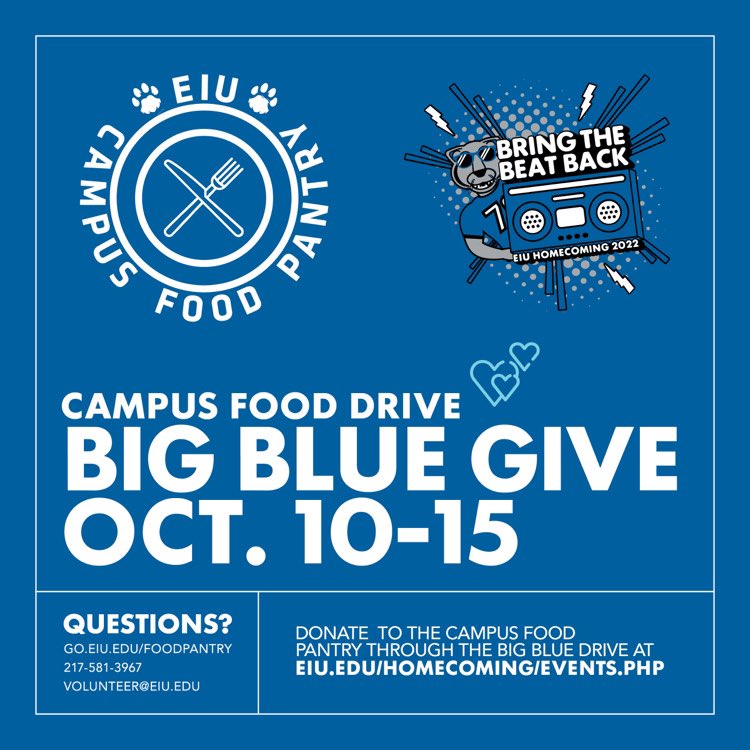 We will be hosting our Big Blue Gives food drive during homecoming week. Donations will be collected during events or bring them to the Student Activity Center. Our donation wishlist includes: Canned corn, Spaghetti O’s, Peanut Butter, Chicken Noodle Soup, &amp; Apple Juice