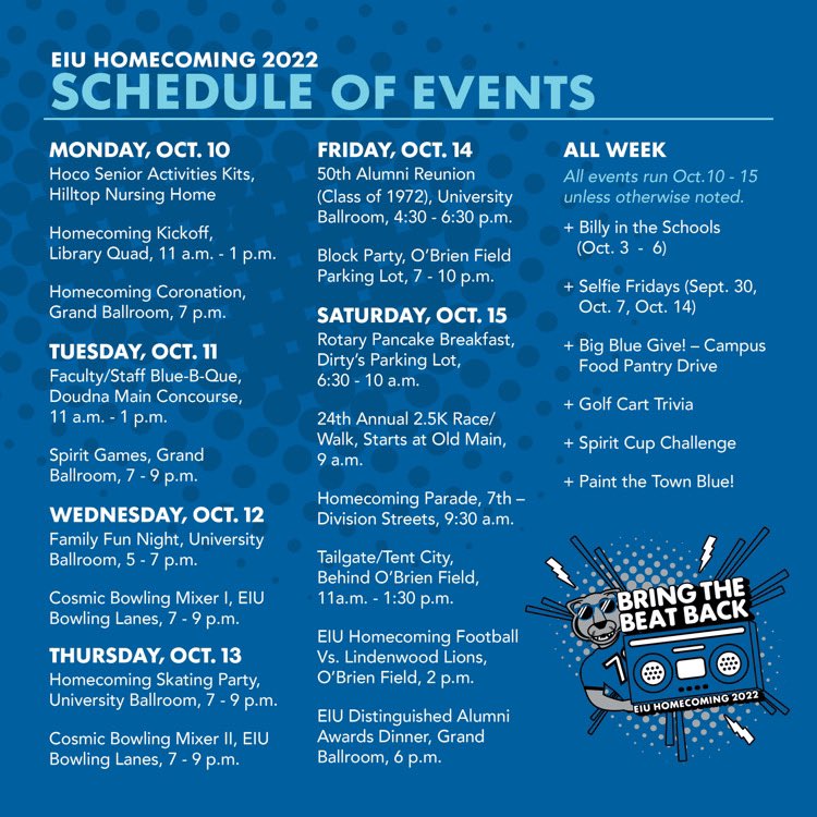 EIU’s homecoming week schedule of events is finally out!! There will be plenty of fun for everyone and lots of opportunities to win prizes. We can wait to see you there!! 🐾🔹