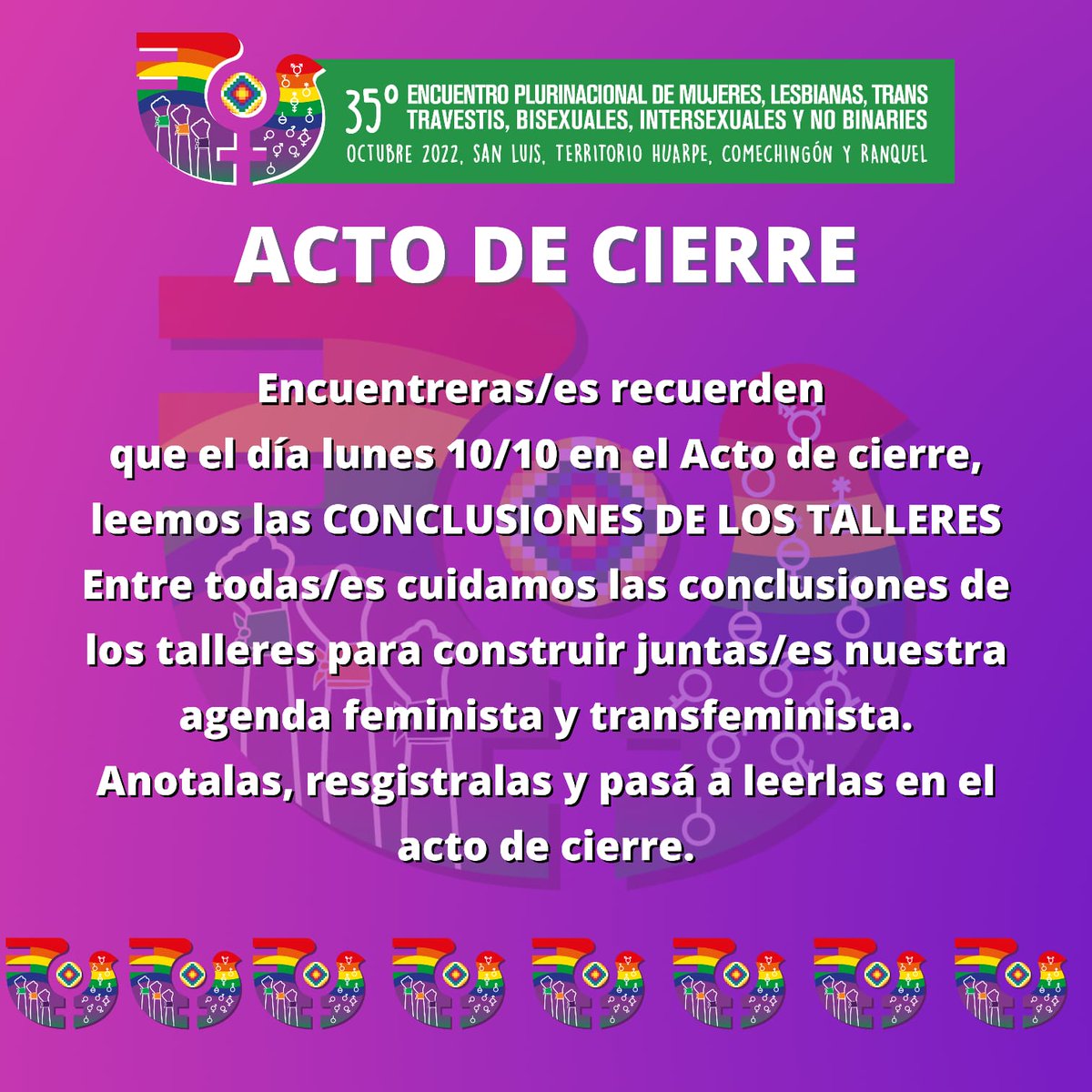 ▶️ Atención encuentreras/es, el día lunes en el acto de cierre cada coordinara/e de taller lee las conclusiones.

Seguimos construyendo un encuentro democrático y sin tutelajes. El encuentro es de todas y todes.

#35EncuentroPlurinacional
#TerritorioHuarpeComechingonRanquel
