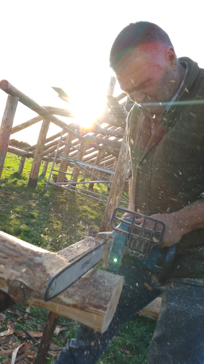 stevewhartonuk's tweet photo. My mate David likes traditional tools and building methods. But I think he likes his #Makita more π€£ 18metre longhouse frame nearly done at #Moorforge Viking settlement. A craft and heritage hub in development. #Cumbria #LakeDistrict https://t.co/hKXDtJPDji